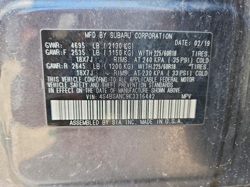 2019 SUBARU OUTBACK 2.5I LIMITED 14