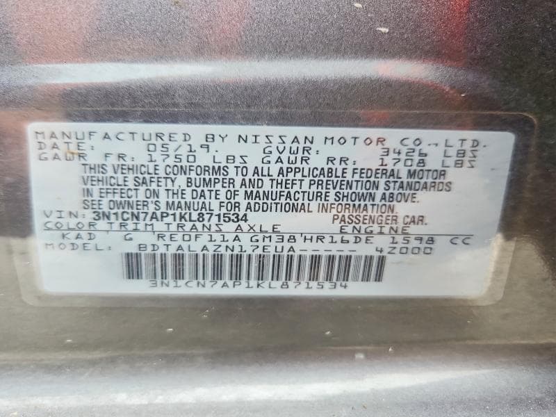 2019 NISSAN VERSA S PLUS 12