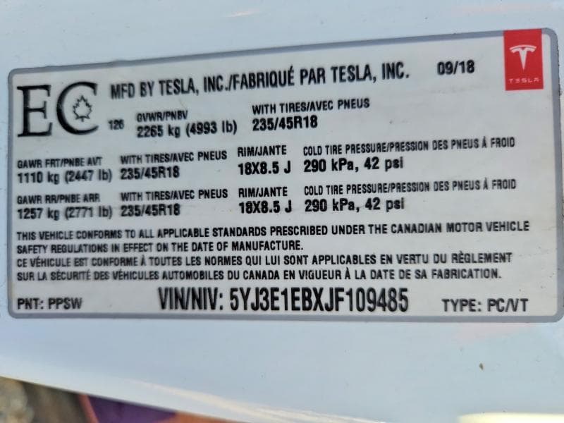 2018 TESLA MODEL 3 12