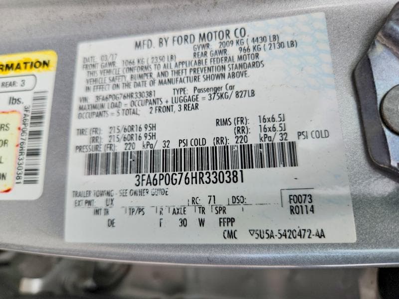 2017 FORD FUSION S 12
