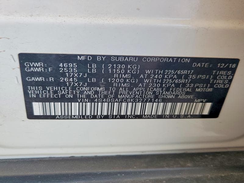 2019 SUBARU OUTBACK 2.5I PREMIUM 13