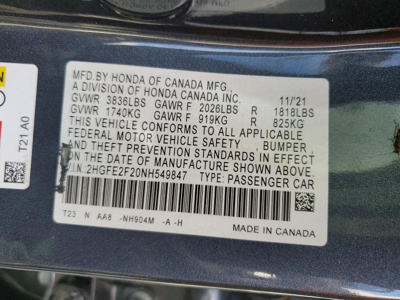 2022 HONDA CIVIC LX 12