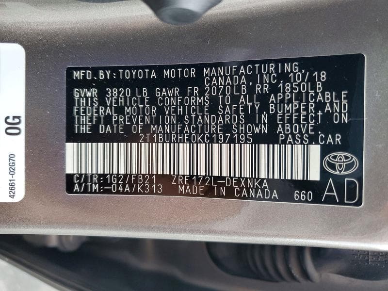 2019 TOYOTA COROLLA LE 12