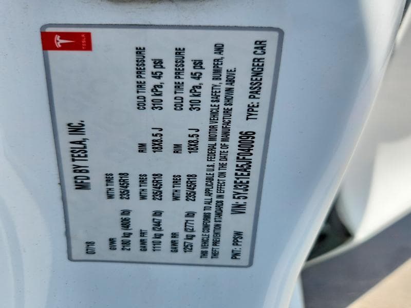 2018 TESLA MDL Y 4D STD 12