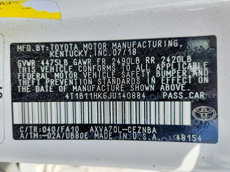 2018 TOYOTA CAMRY LE 13