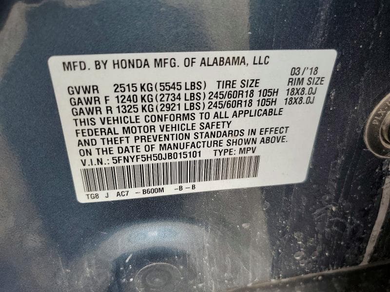 2018 HONDA PILOT EXL 12