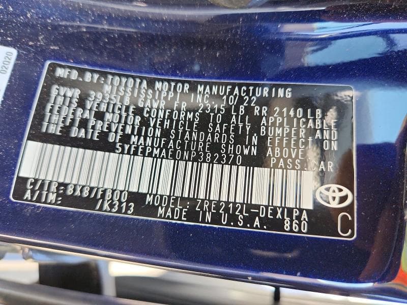 2022 TOYOTA COROLLA LE 12
