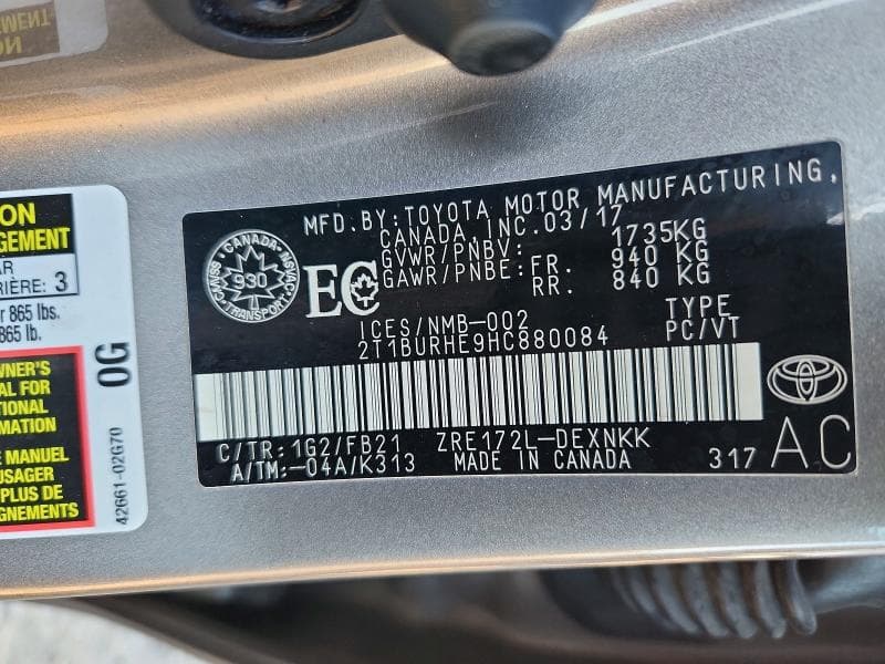 2017 TOYOTA COROLLA L 12
