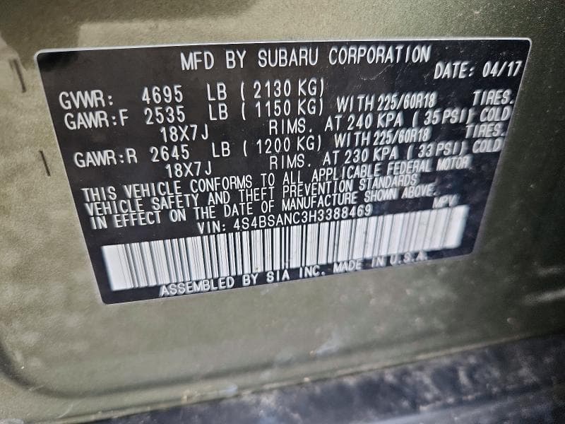2017 SUBARU OUTBACK 2.5I LIMITED 13