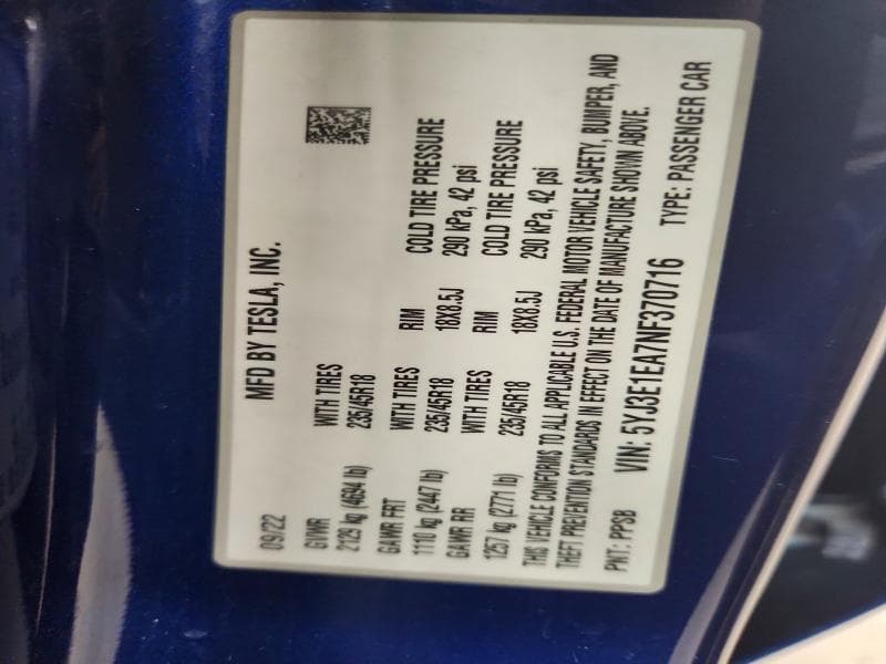 2022 TESLA MODEL 3 12