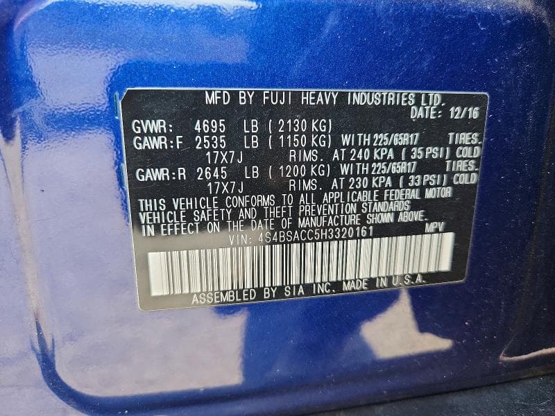 2017 SUBARU OUTBACK 2.5I PREMIUM 13
