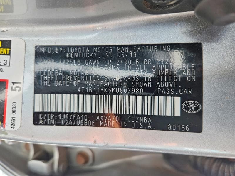 2019 TOYOTA CAMRY LE 12