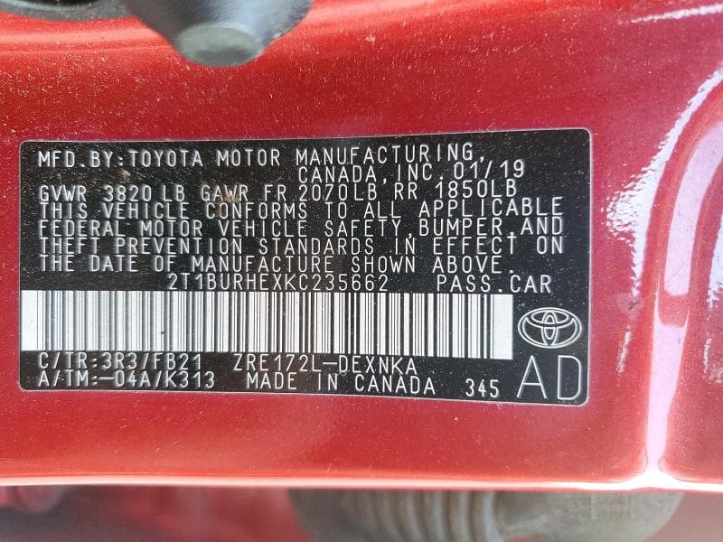 2019 TOYOTA COROLLA LE 12