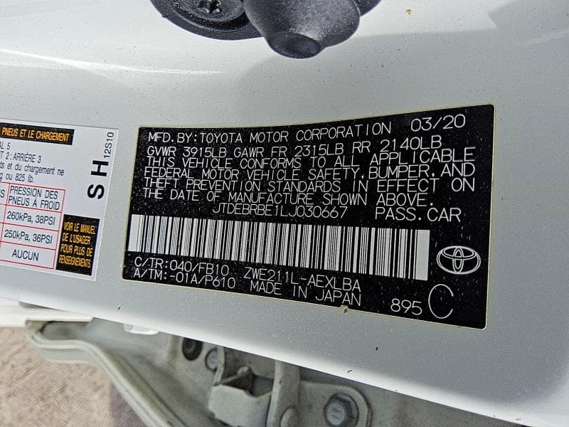 2020 TOYOTA COROLLA LE 12