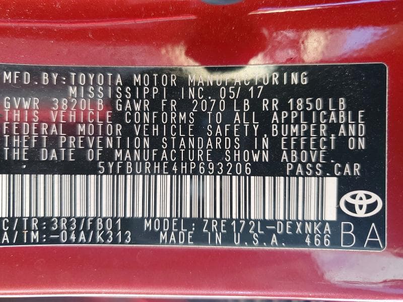 2017 TOYOTA COROLLA LE 12