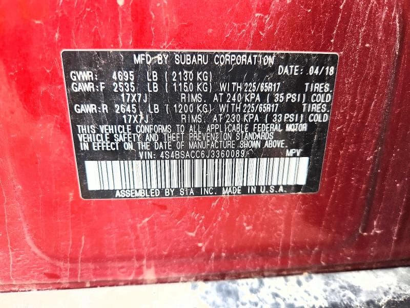 2018 SUBARU OUTBACK 2.5I PREMIUM 13
