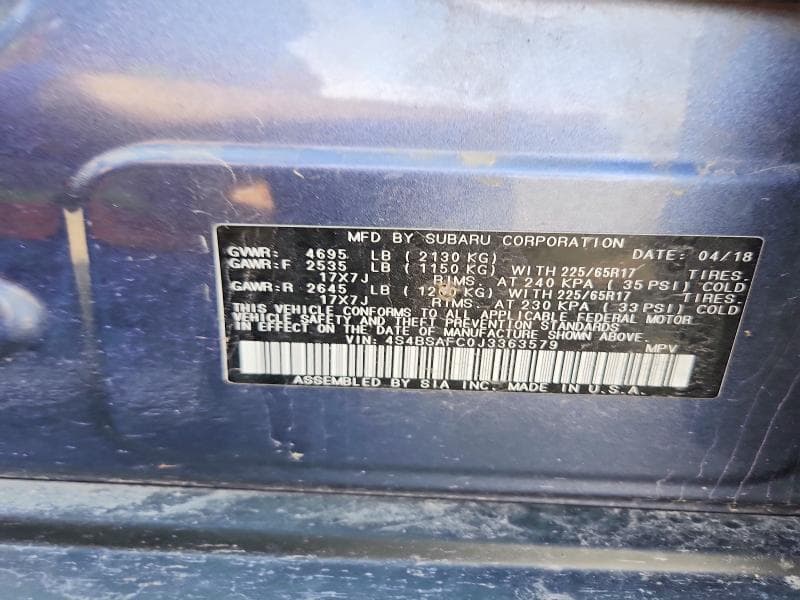 2018 SUBARU OUTBACK 2.5I PREMIUM 12