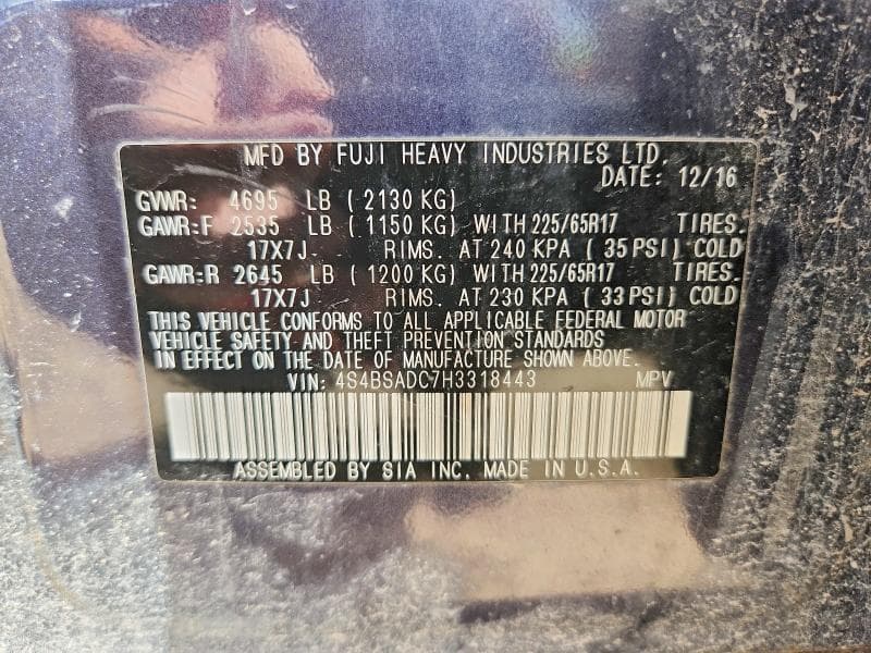 2017 SUBARU OUTBACK 2.5I PREMIUM 12