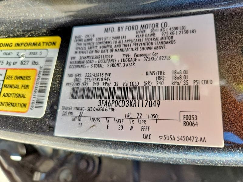 2019 FORD FUSION SEL 12