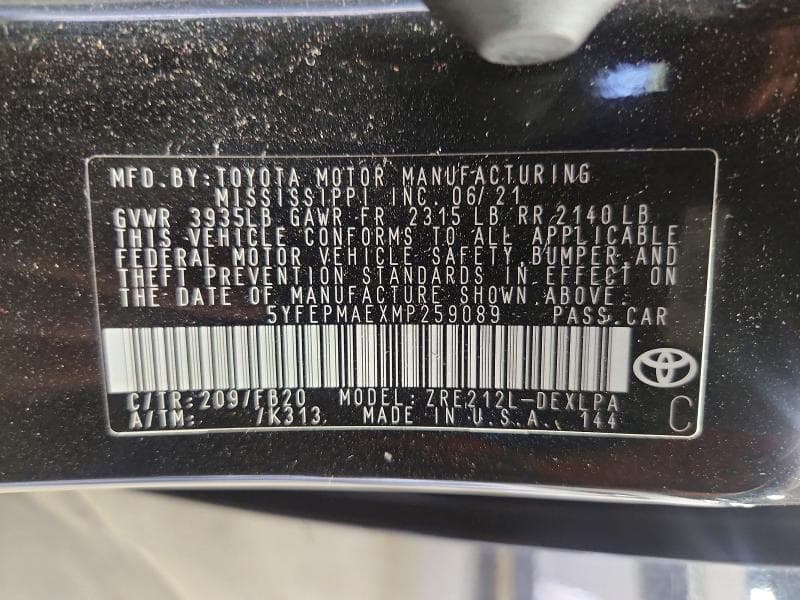 2021 TOYOTA COROLLA LE 12