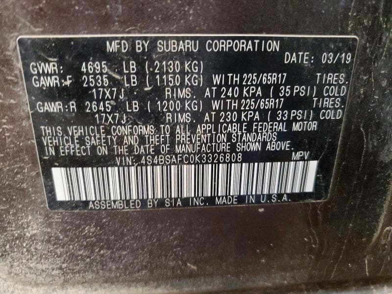 2019 SUBARU OUTBACK 2.5I PREMIUM 14