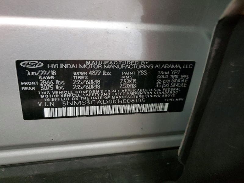 2019 HYUNDAI SANTA FE SEL PLUS 2.4L 14