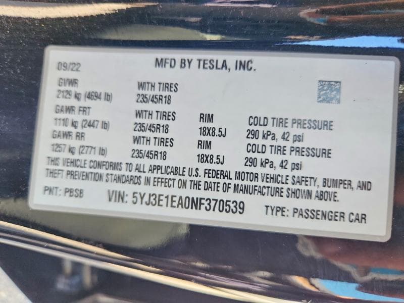 2022 TESLA MODEL 3 12
