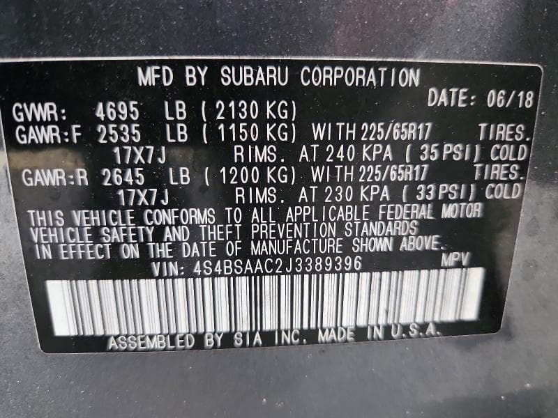 2018 SUBARU OUTBACK 2.5I 13