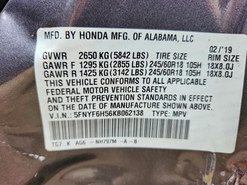 2019 HONDA PILOT EXL 12