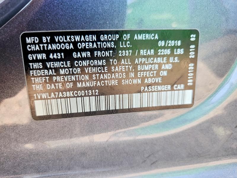 2019 VOLKSWAGEN PASSAT WOLFSBURG 13