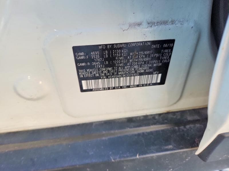 2019 SUBARU OUTBACK 2.5I 12