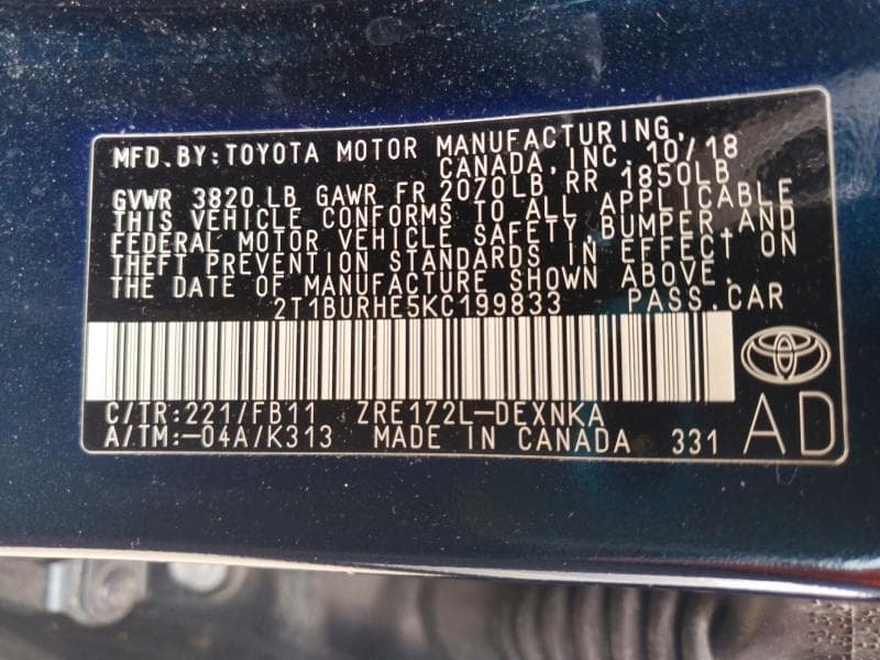 2019 TOYOTA COROLLA LE 13