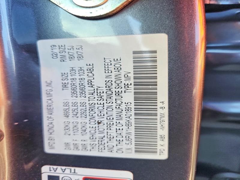 2019 HONDA CR-V EXL 12