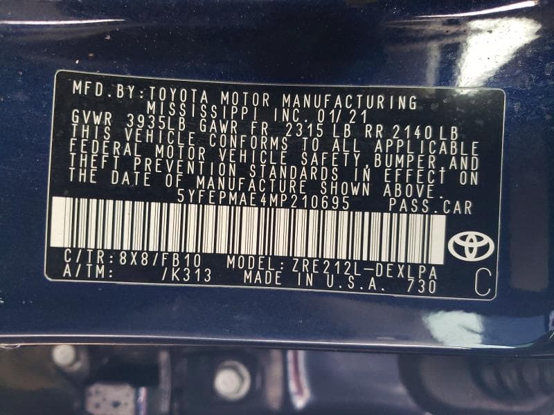 2021 TOYOTA COROLLA LE 12