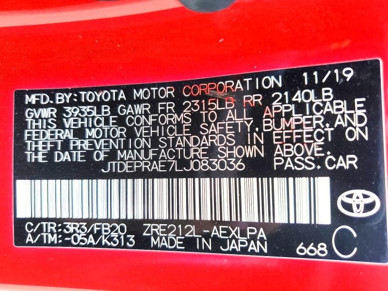2020 TOYOTA COROLLA LE 12
