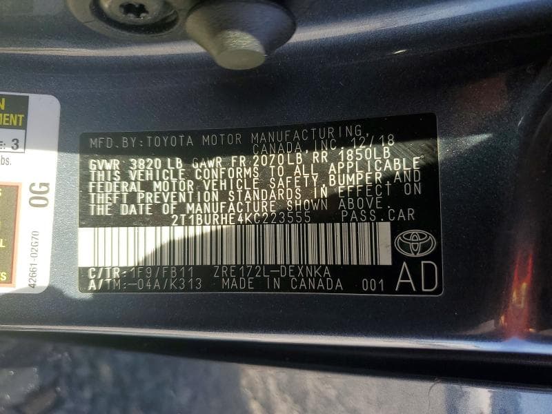 2019 TOYOTA COROLLA LE 12