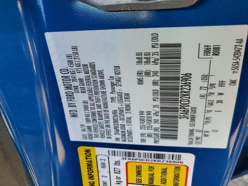 2019 FORD FUSION SEL 12