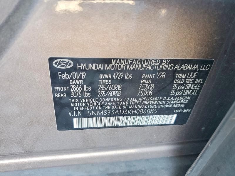 2019 HYUNDAI SANTA FE SEL PLUS 2.4L 13