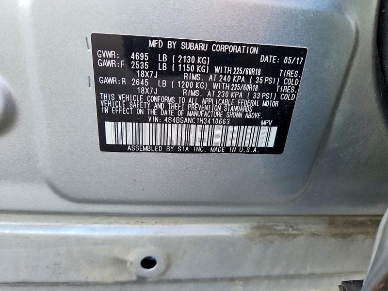 2017 SUBARU OUTBACK 2.5I LIMITED 12