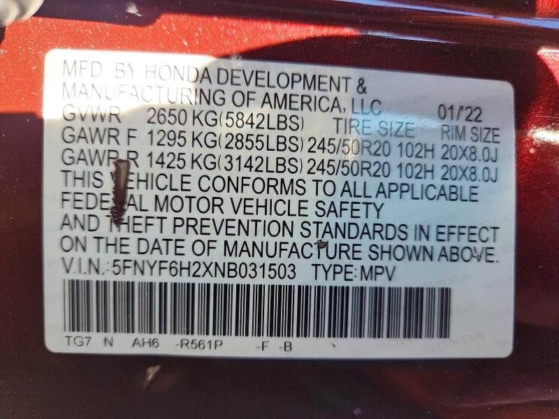 2022 HONDA PILOT SE 14