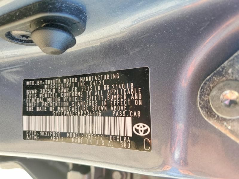 2021 TOYOTA COROLLA LE 12