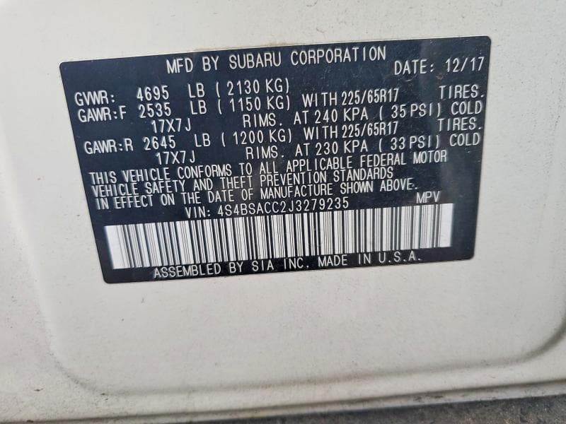 2018 SUBARU OUTBACK 2.5I PREMIUM 13