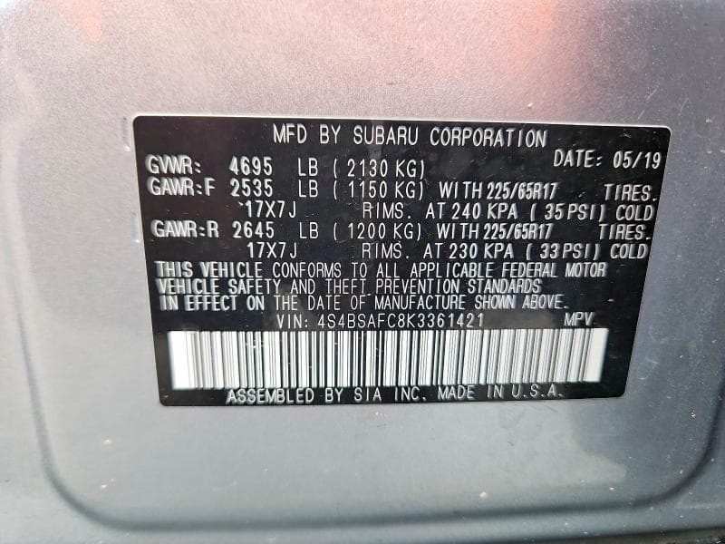 2019 SUBARU OUTBACK 2.5I PREMIUM 12