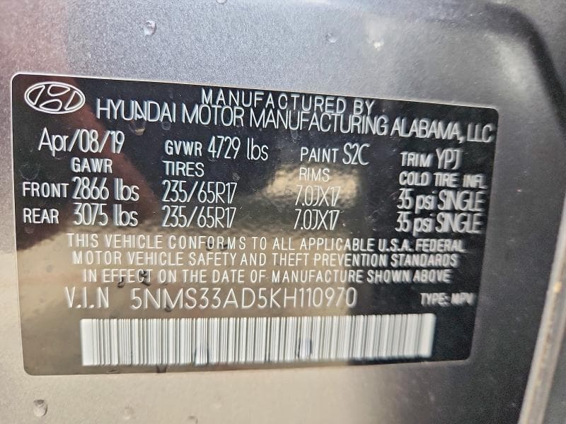 2019 HYUNDAI SANTA FE SEL 2.4L 13