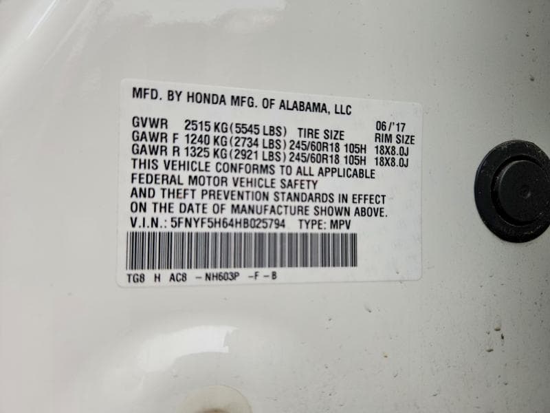 2017 HONDA PILOT EXL 12