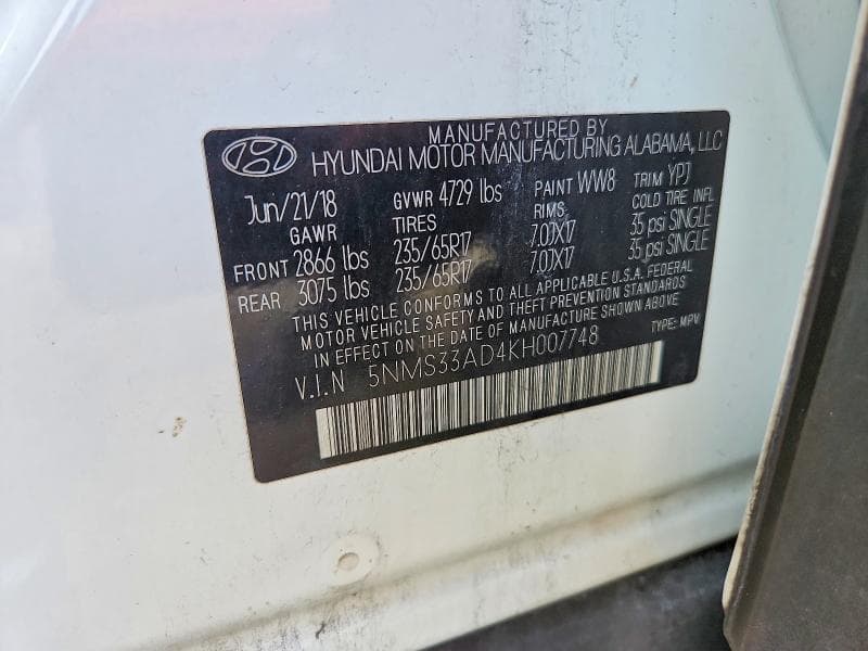 2019 HYUNDAI SANTA FE SEL 2.4L 13