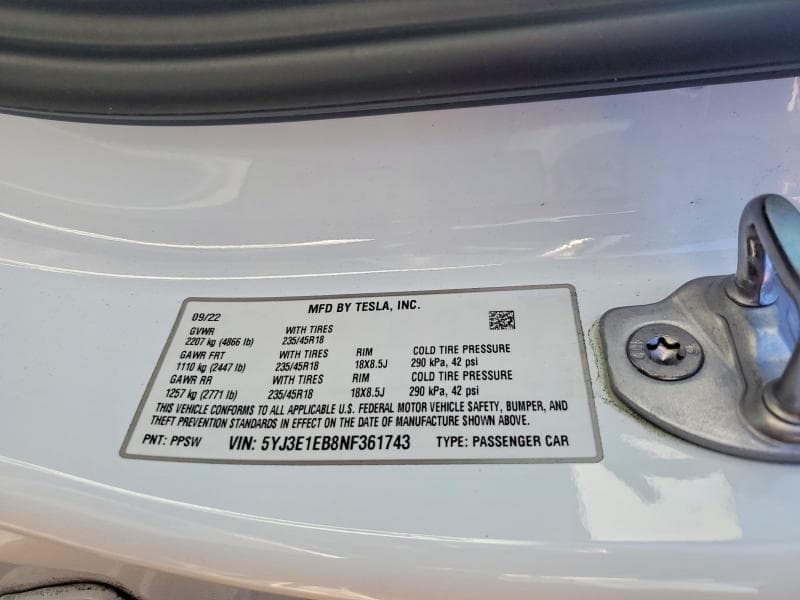 2022 TESLA MODEL 3 12
