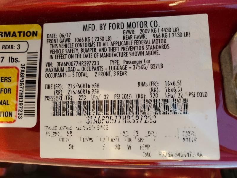 2017 FORD FUSION S 12