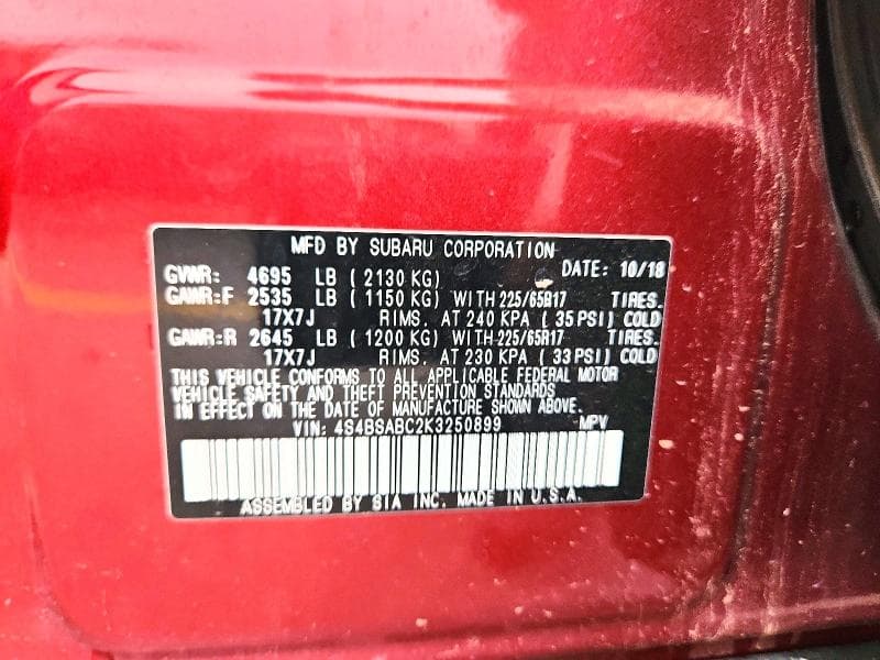 2019 SUBARU OUTBACK 2.5I 12