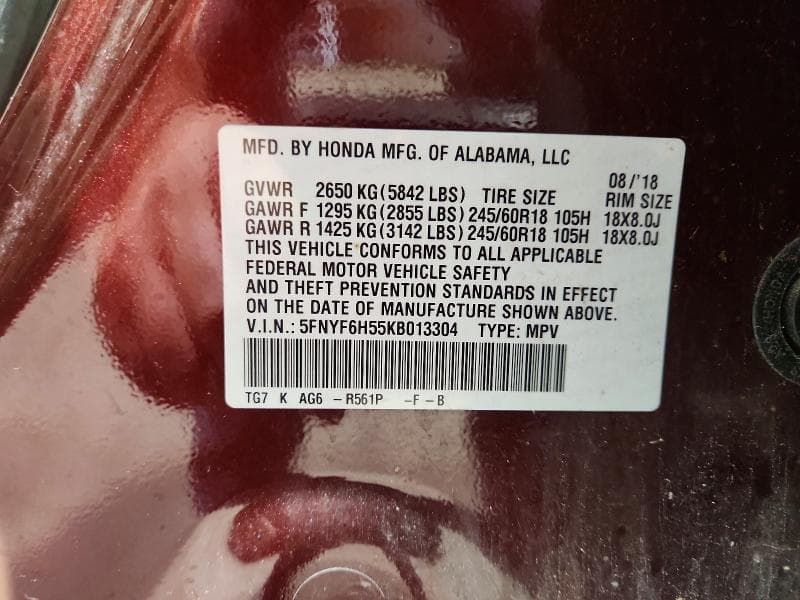 2019 HONDA PILOT EXL 12